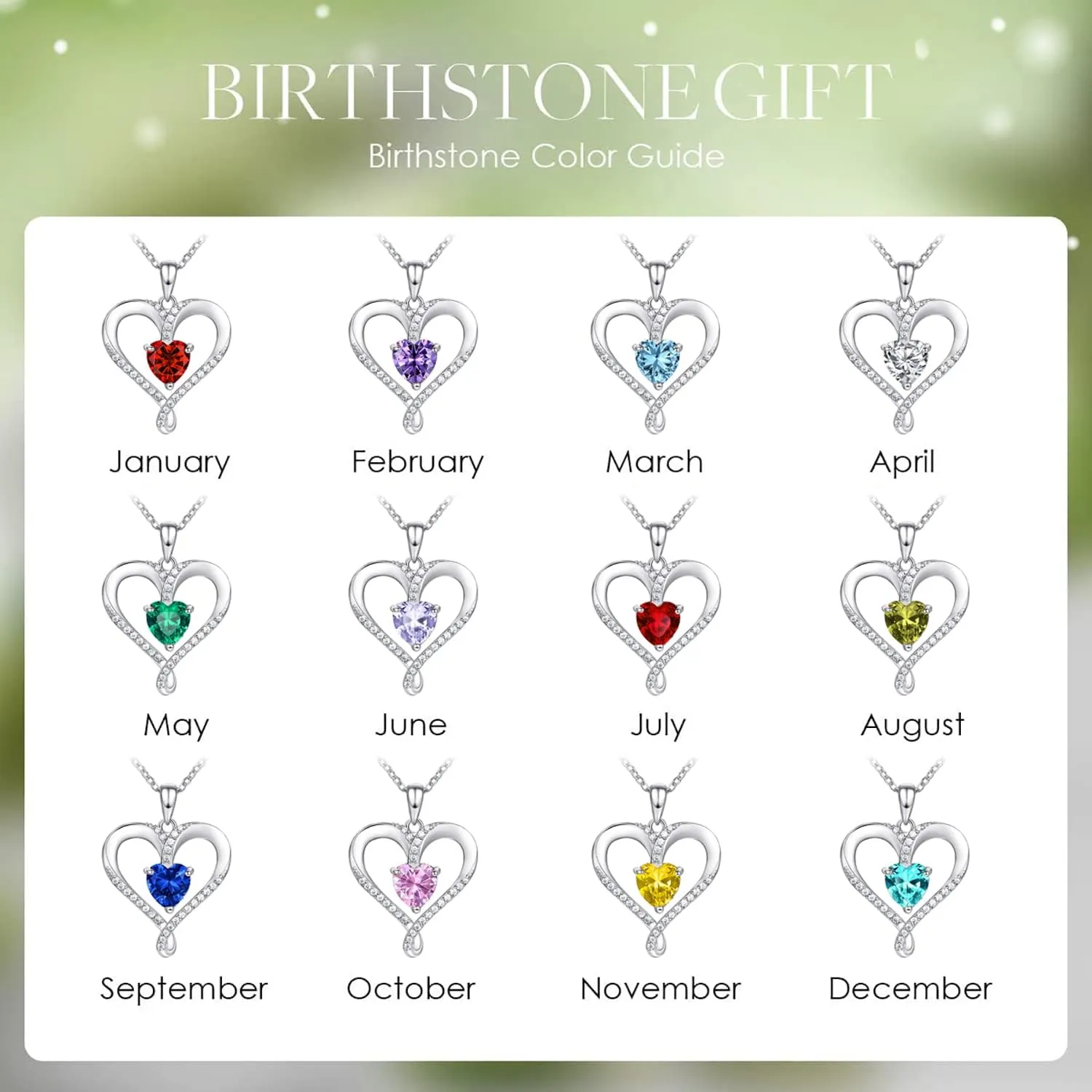 Birthstone Necklace for Women, 18K White Gold Heart Necklace Filled 925 Sterling Silver, Diamond Womens Jewelry Christmas Gifts for Women Wife