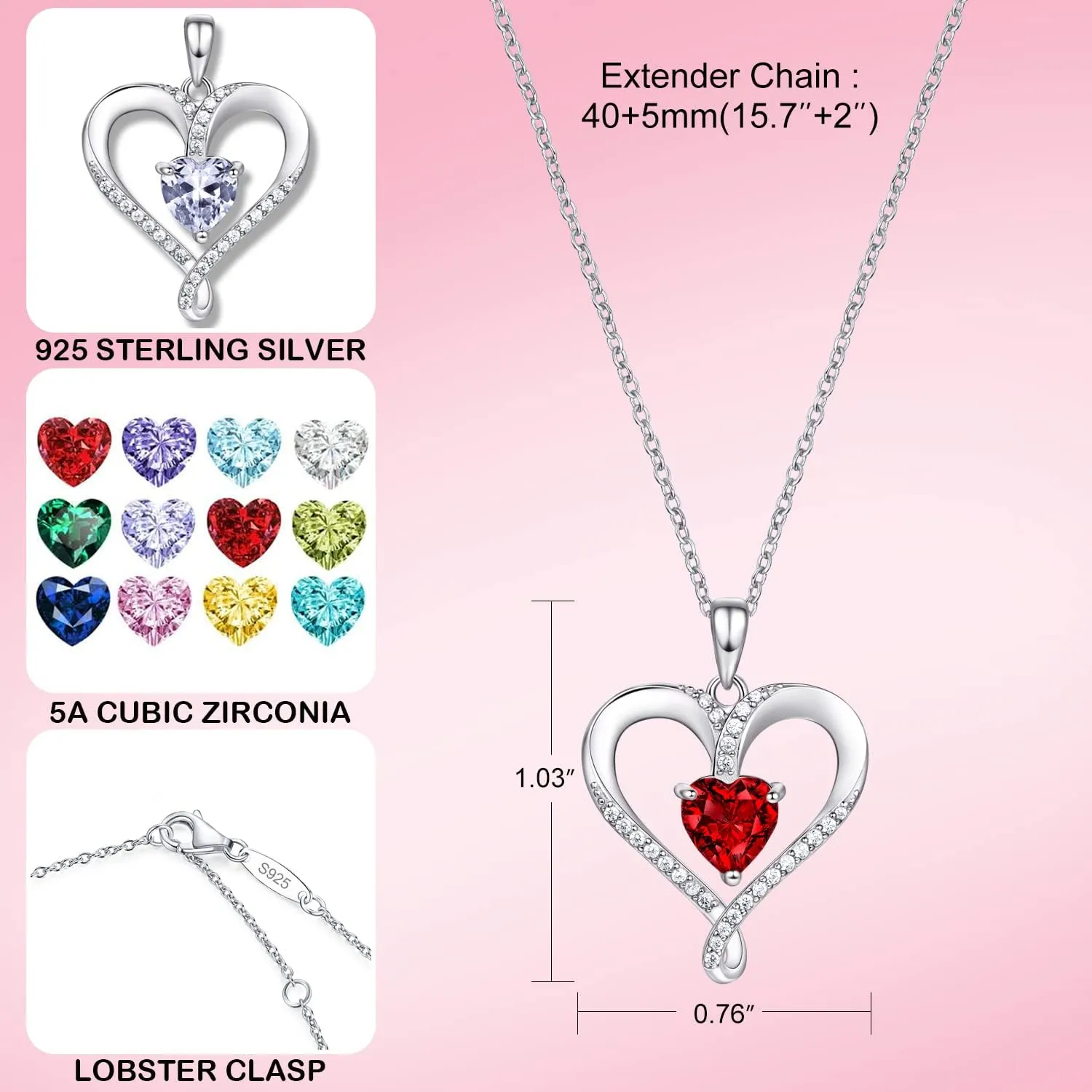 Birthstone Necklace for Women, 18K White Gold Heart Necklace Filled 925 Sterling Silver, Diamond Womens Jewelry Christmas Gifts for Women Wife