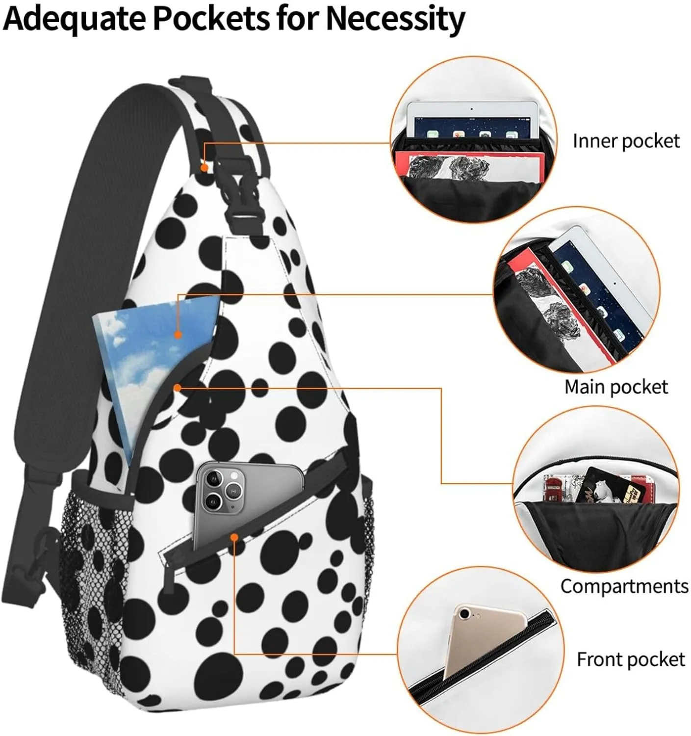 Black & White Big Dot Print Sling Backpack, Sling Bag, Crossbody Chest Bag Daypack, for Hiking Travel