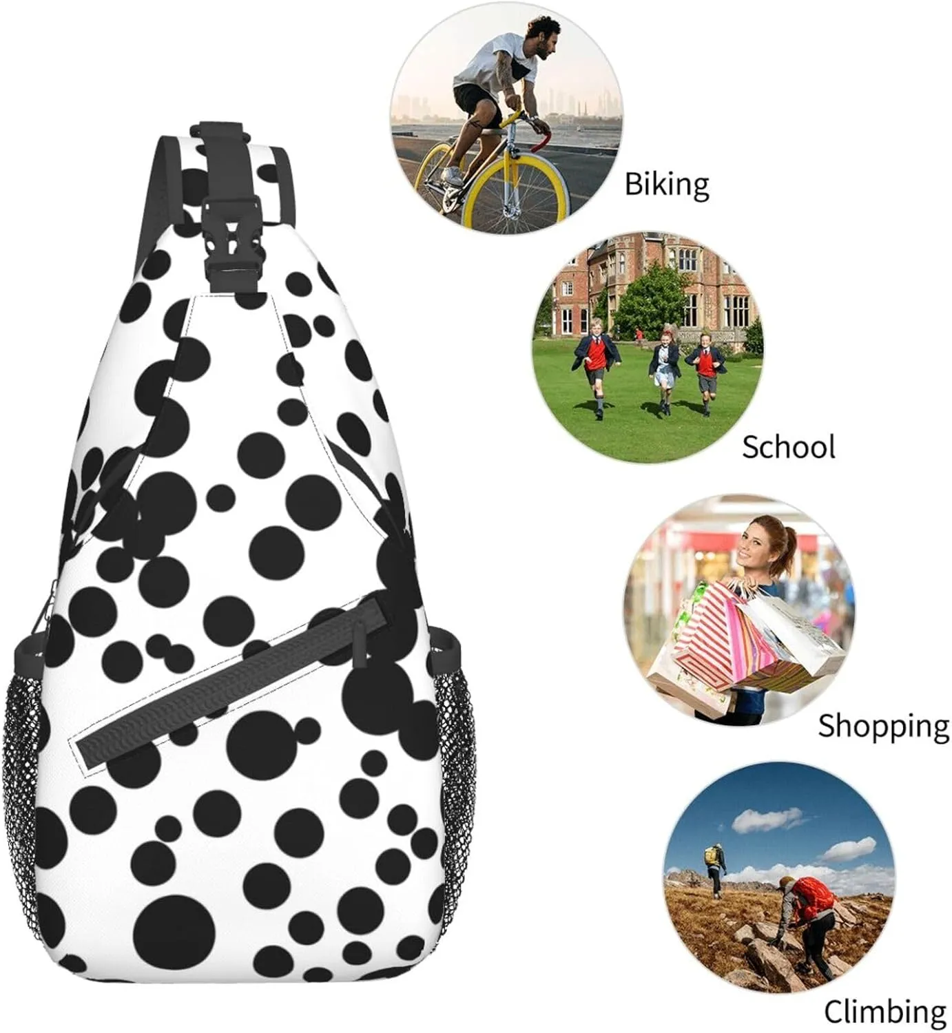 Black & White Big Dot Print Sling Backpack, Sling Bag, Crossbody Chest Bag Daypack, for Hiking Travel