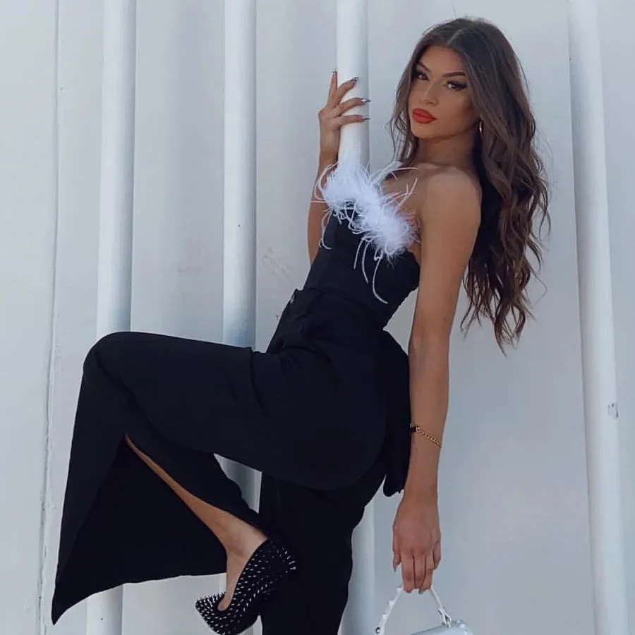 Black Bustier Top with White Feather Trim