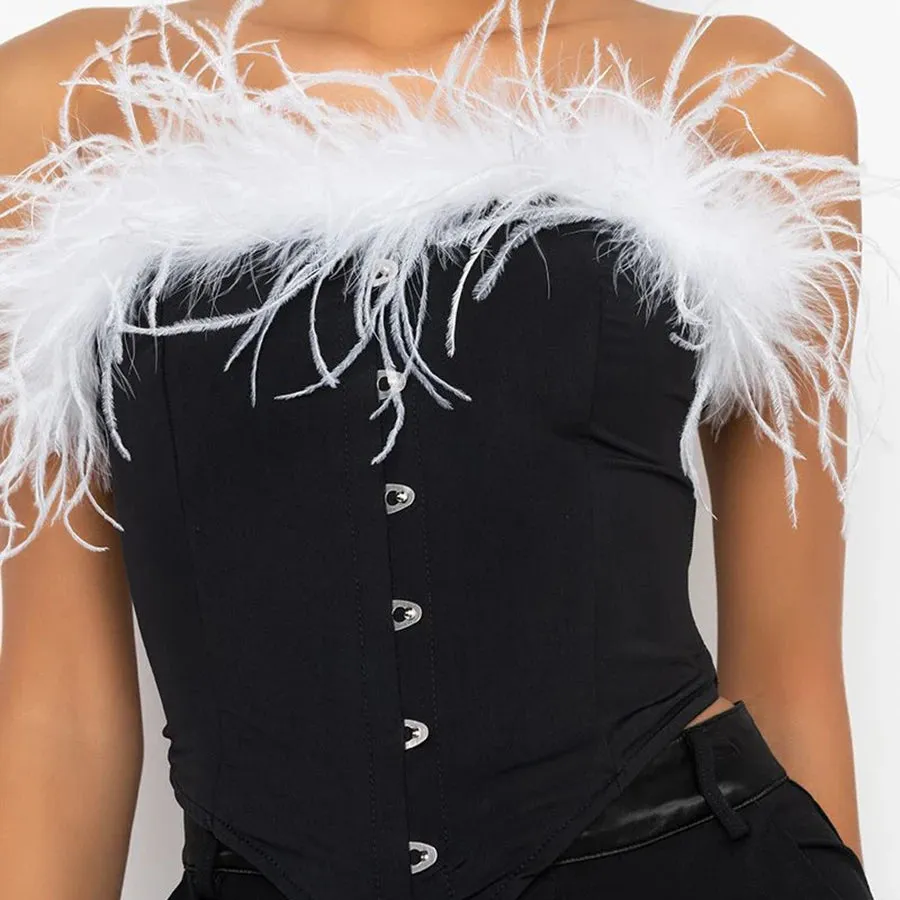 Black Bustier Top with White Feather Trim