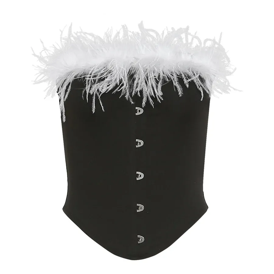 Black Bustier Top with White Feather Trim