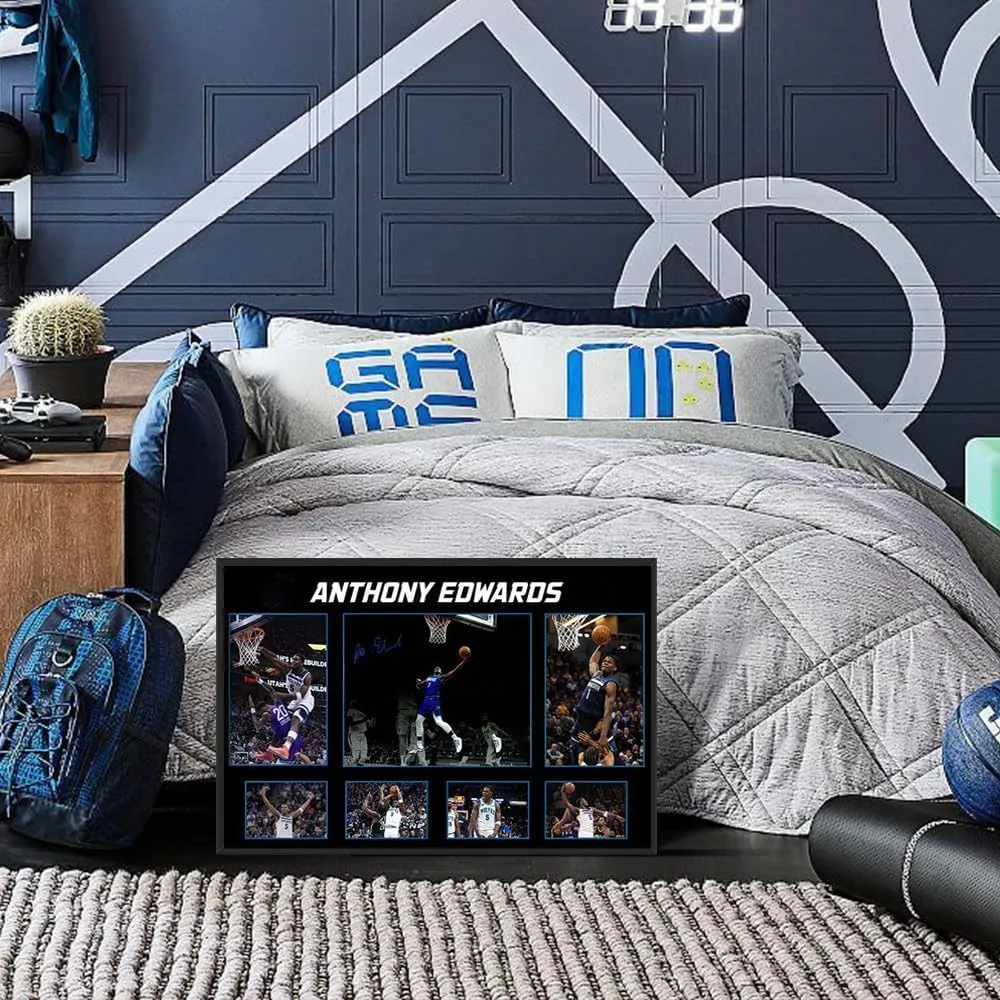 Black Framed Basketball Superstar Anthony Edwards Signed Poster For Kids Fans Room Bedroom Wall Decor-Canvas Art Print Pictures For Teen Boy Birthday Gifts
