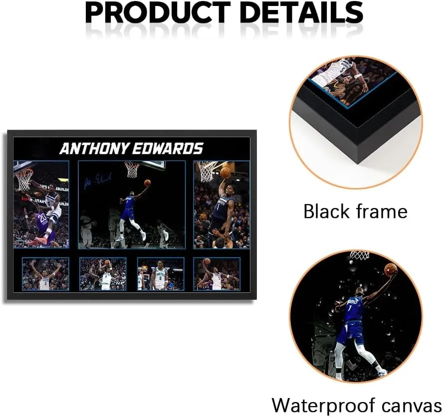 Black Framed Basketball Superstar Anthony Edwards Signed Poster For Kids Fans Room Bedroom Wall Decor-Canvas Art Print Pictures For Teen Boy Birthday Gifts