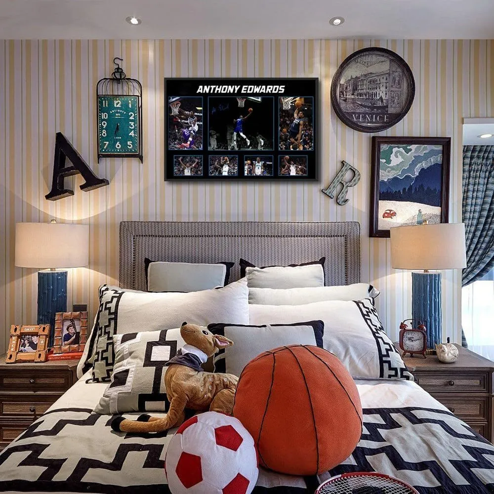 Black Framed Basketball Superstar Anthony Edwards Signed Poster For Kids Fans Room Bedroom Wall Decor-Canvas Art Print Pictures For Teen Boy Birthday Gifts