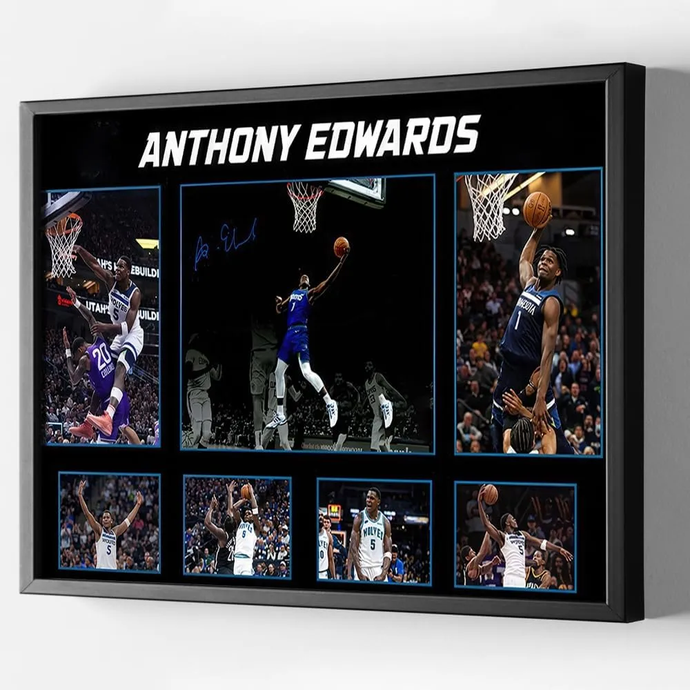 Black Framed Basketball Superstar Anthony Edwards Signed Poster For Kids Fans Room Bedroom Wall Decor-Canvas Art Print Pictures For Teen Boy Birthday Gifts