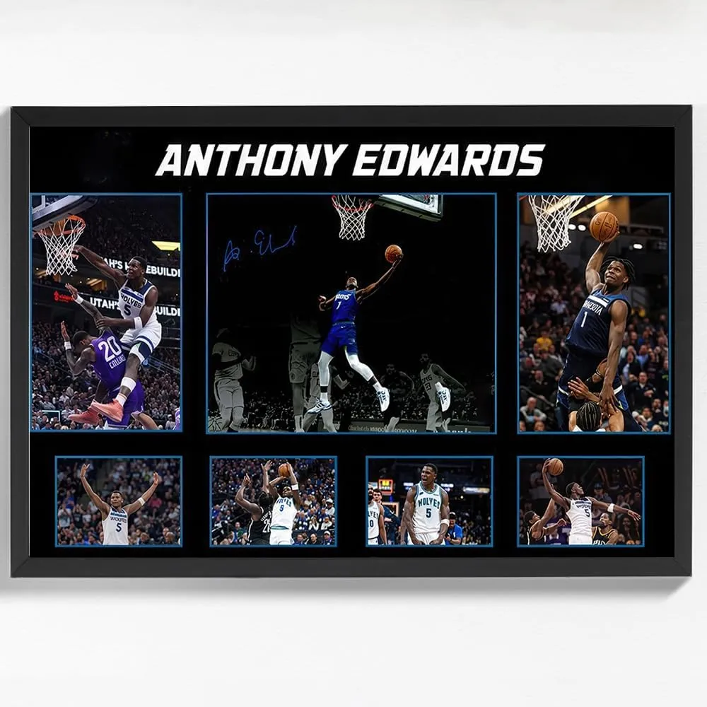 Black Framed Basketball Superstar Anthony Edwards Signed Poster For Kids Fans Room Bedroom Wall Decor-Canvas Art Print Pictures For Teen Boy Birthday Gifts
