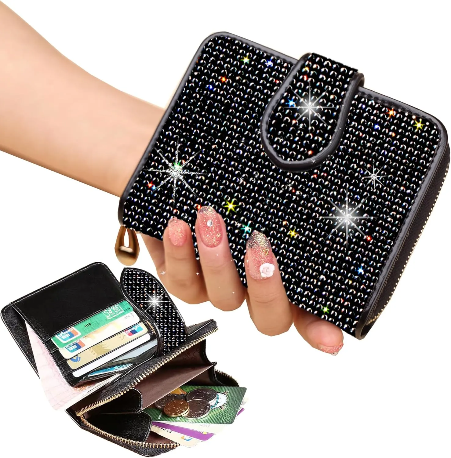 Bling Rhinestone Small Womens Wallet Girls Clutch Artificial Diamond Purse Credit Card ID Coin Holder W/Zipper Black