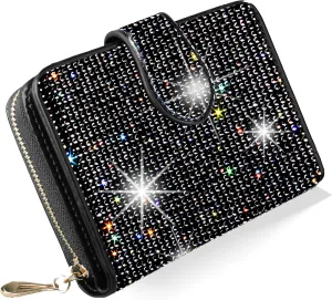 Bling Rhinestone Small Womens Wallet Girls Clutch Artificial Diamond Purse Credit Card ID Coin Holder W/Zipper Black