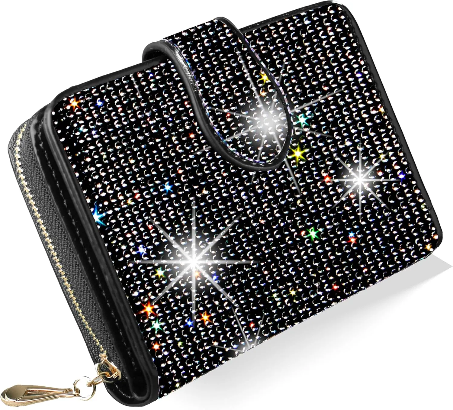 Bling Rhinestone Small Womens Wallet Girls Clutch Artificial Diamond Purse Credit Card ID Coin Holder W/Zipper Black