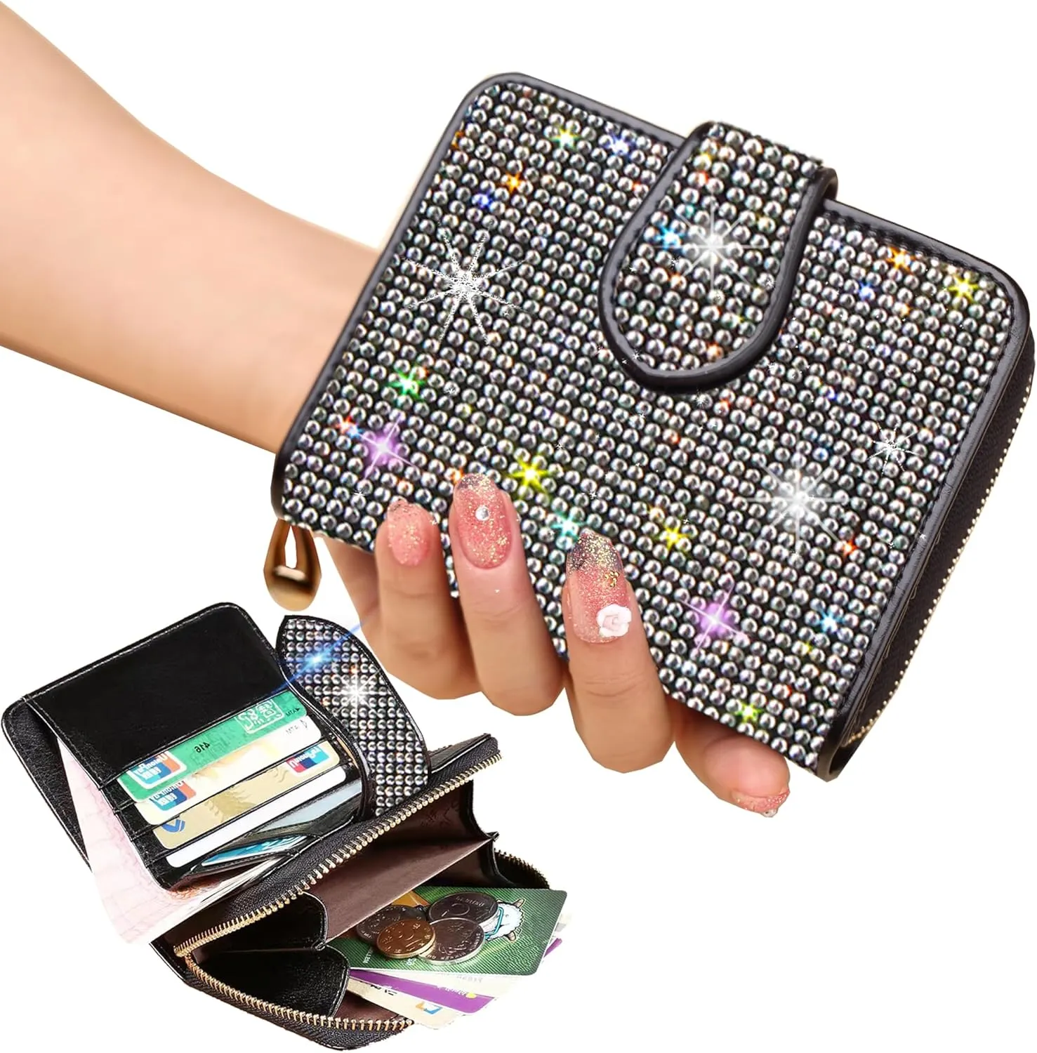 Bling Rhinestone Small Womens Wallet Girls Clutch Artificial Diamond Purse Credit Card ID Coin Holder W/Zipper Silver/White