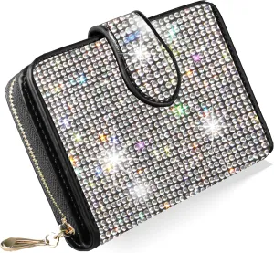 Bling Rhinestone Small Womens Wallet Girls Clutch Artificial Diamond Purse Credit Card ID Coin Holder W/Zipper Silver/White