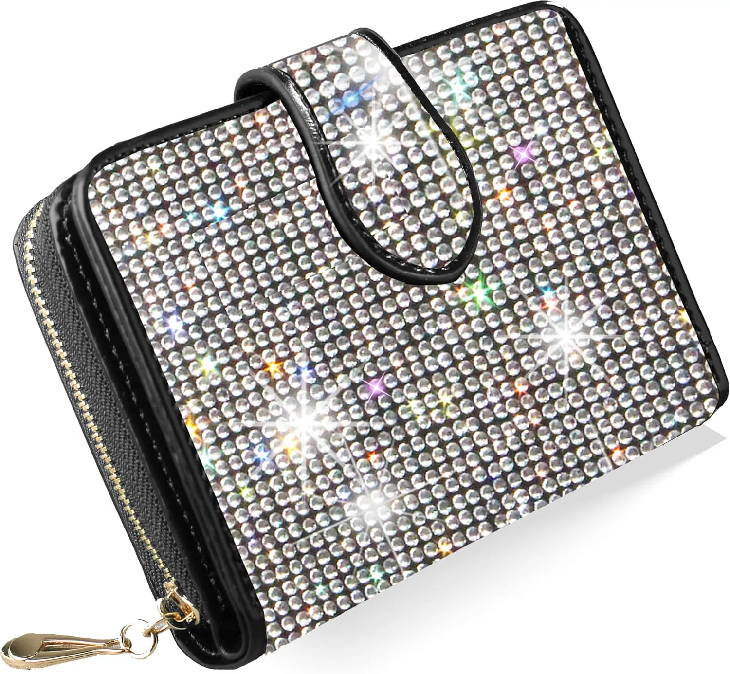 Bling Rhinestone Small Womens Wallet Girls Clutch Artificial Diamond Purse Credit Card ID Coin Holder W/Zipper Silver/White