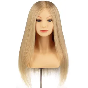 Blonde Mannequin Head with Shoulder 100% Real Human Hair Hairdresser Training Head Manikin Cosmetology Doll Head Hair Styling Competition Supplier (16-18 inch, Blonde#)