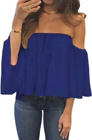 Bluetime Women Summer Off Shoulder Chiffon Blouse Ruffles Short Sleeves Tops Casual T Shirt