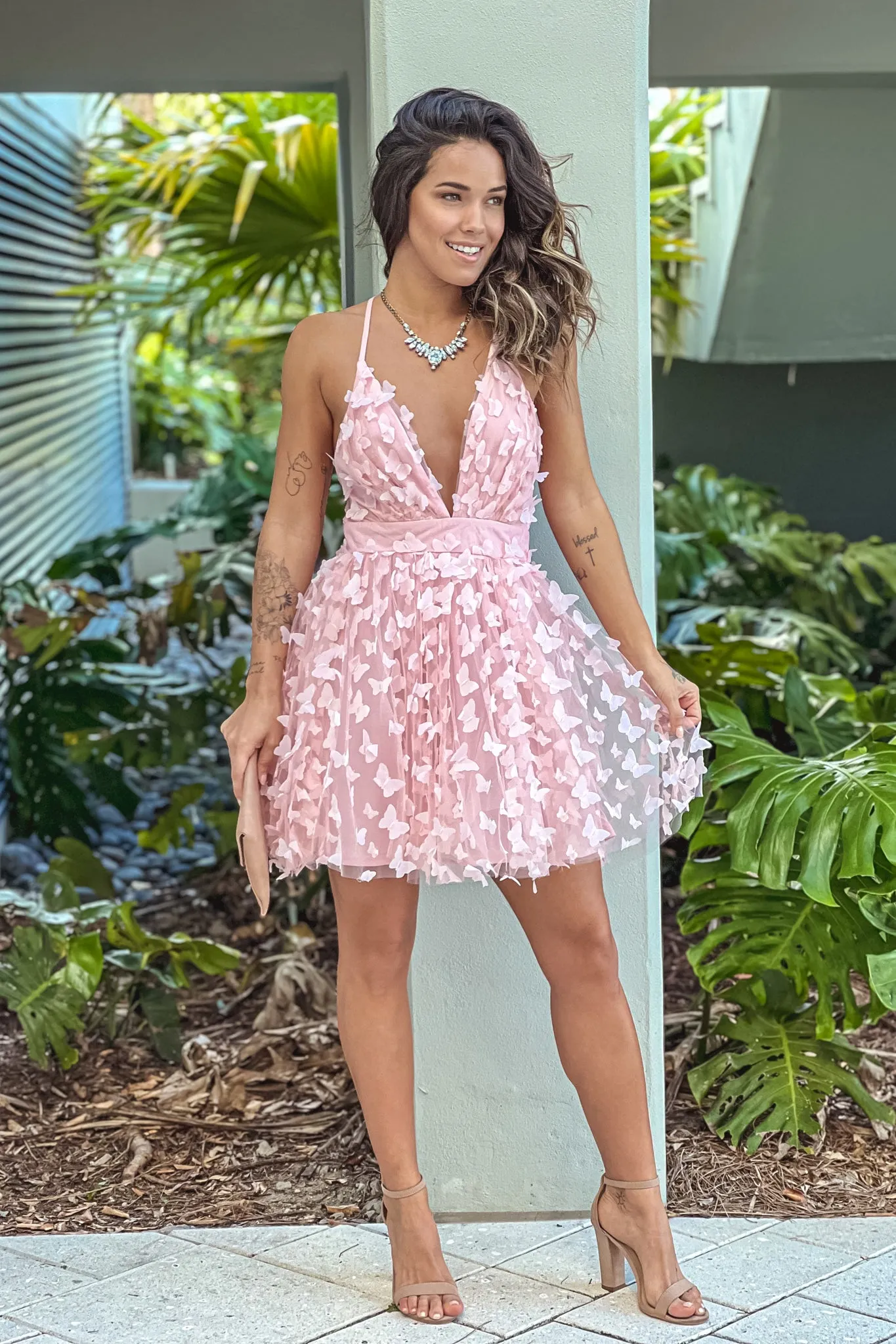 Blush Butterfly Mesh Short Dress