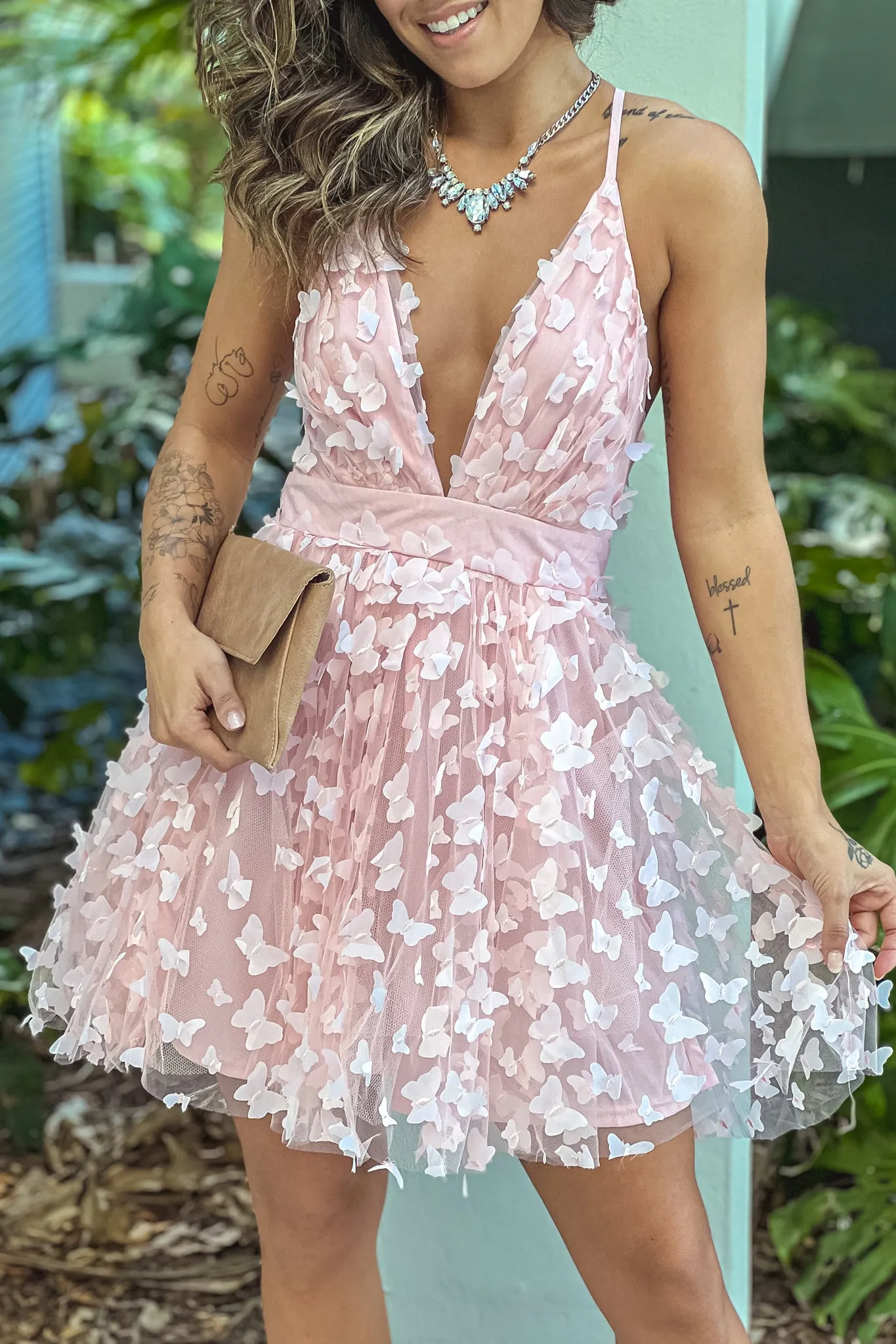 Blush Butterfly Mesh Short Dress