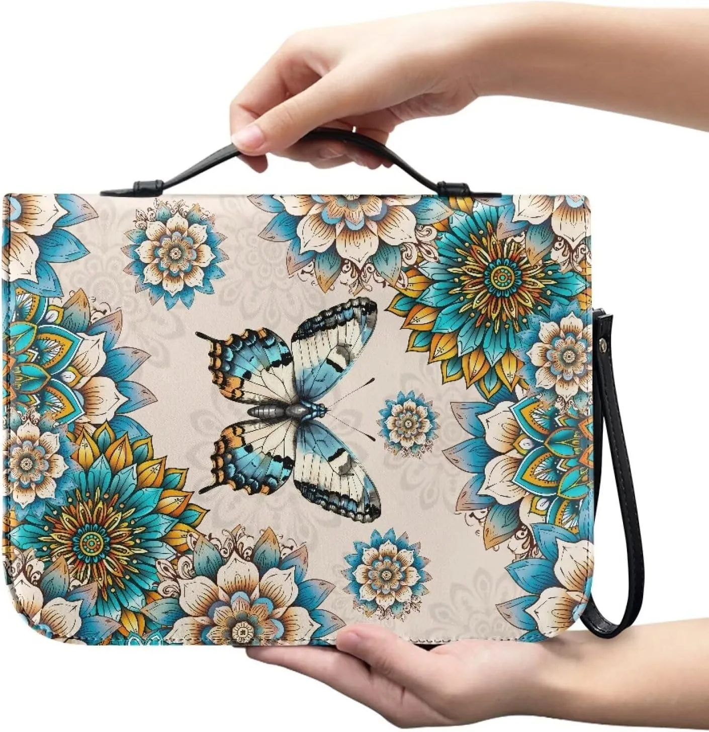 Boho Mandala Butterfly Print PU Leather Bible Cover Case Lightweight Bible Carrying Tote Bags for Women Men Church Bag with Detachable Wristlet Strap Christian Art Gifts for Church, 2XL
