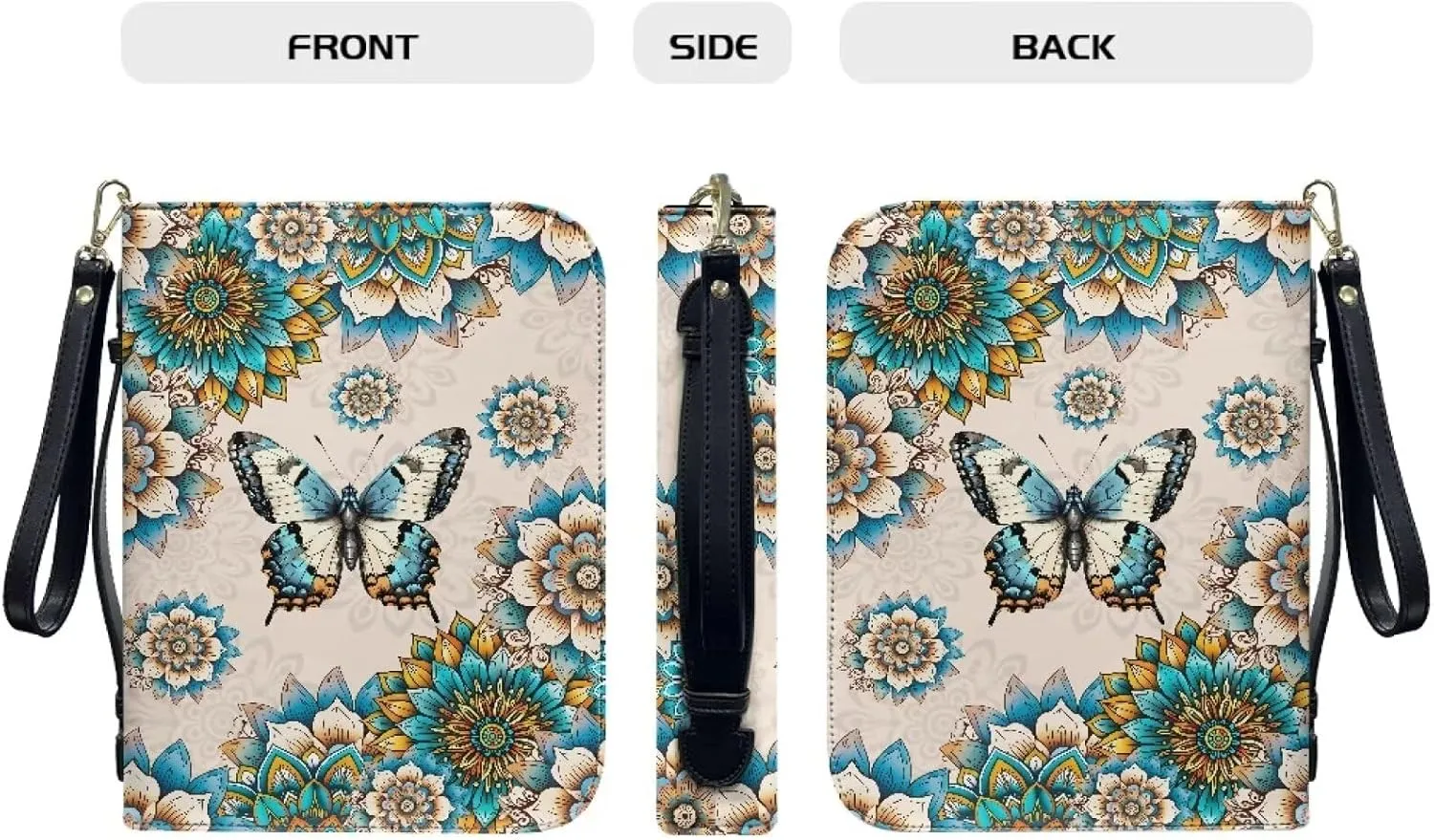 Boho Mandala Butterfly Print PU Leather Bible Cover Case Lightweight Bible Carrying Tote Bags for Women Men Church Bag with Detachable Wristlet Strap Christian Art Gifts for Church, 2XL
