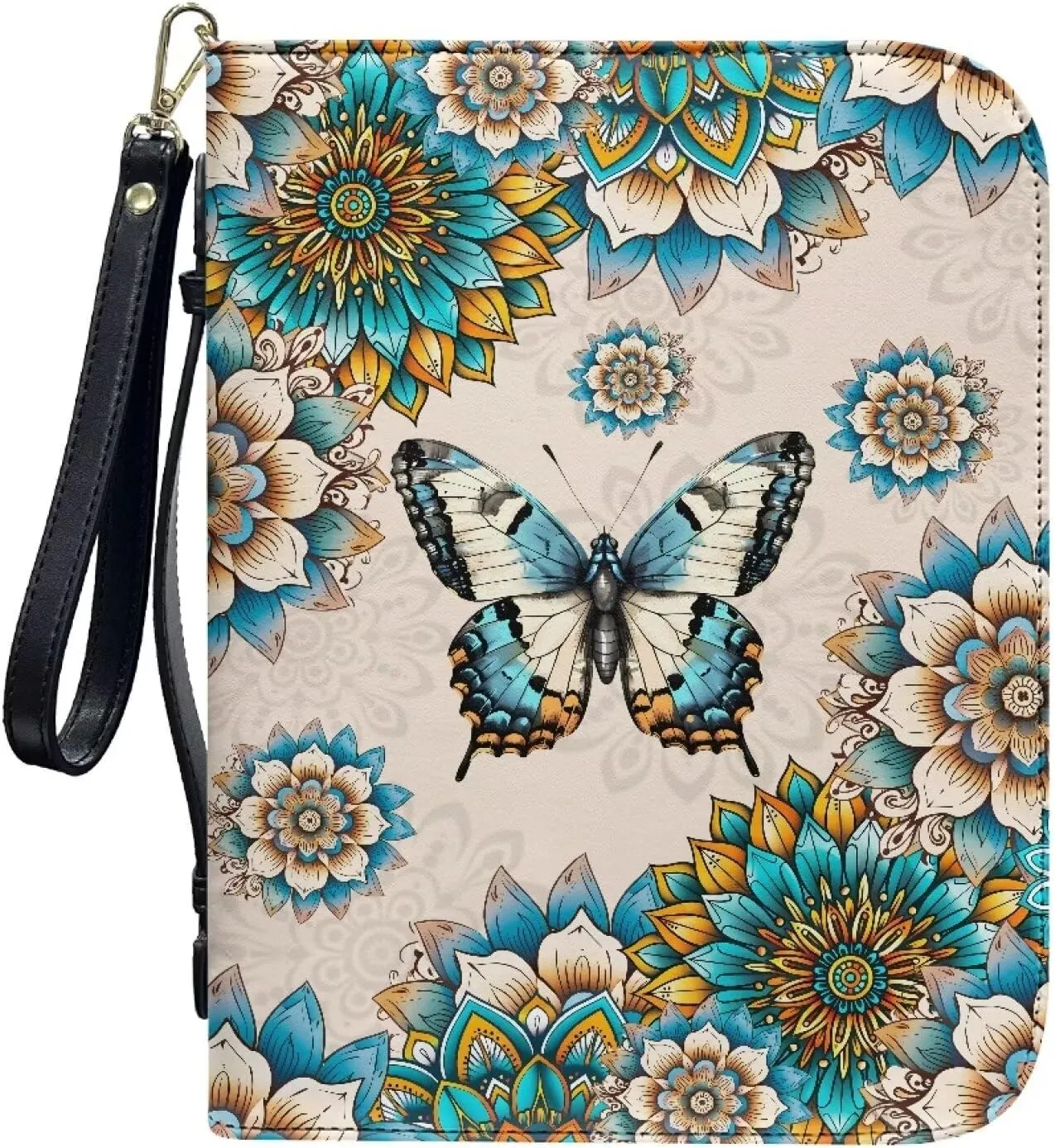Boho Mandala Butterfly Print PU Leather Bible Cover Case Lightweight Bible Carrying Tote Bags for Women Men Church Bag with Detachable Wristlet Strap Christian Art Gifts for Church, 2XL