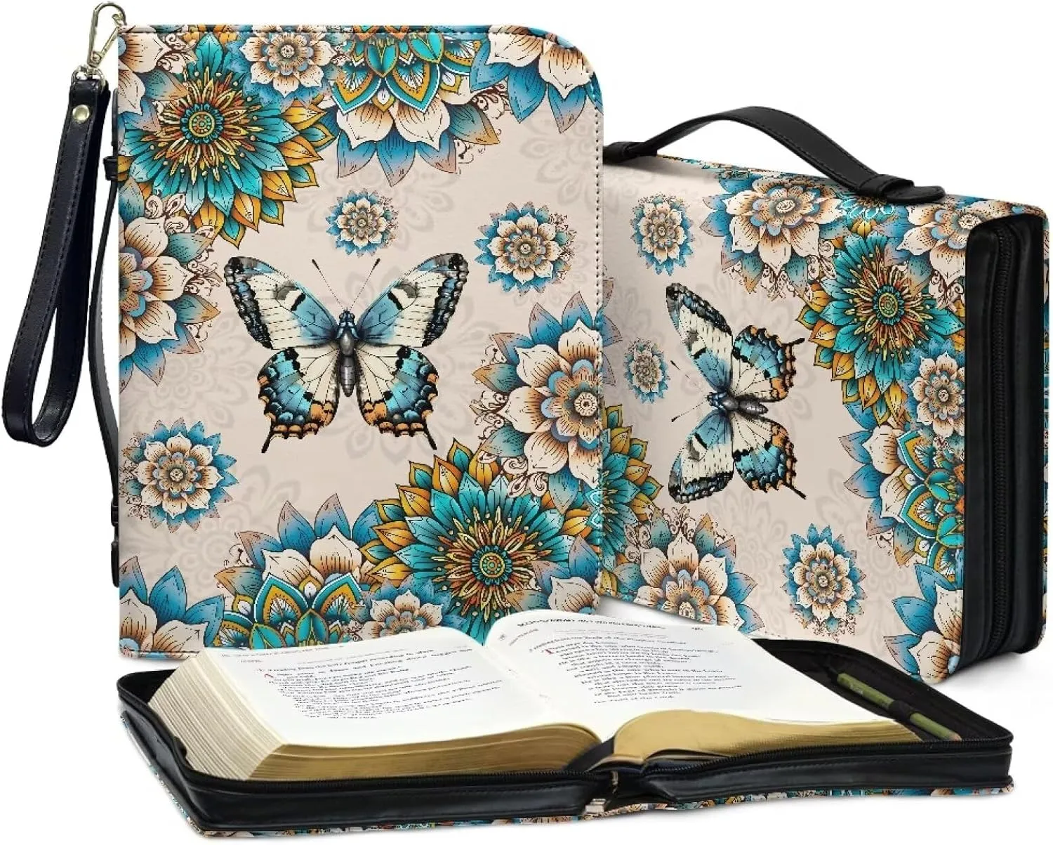 Boho Mandala Butterfly Print PU Leather Bible Cover Case Lightweight Bible Carrying Tote Bags for Women Men Church Bag with Detachable Wristlet Strap Christian Art Gifts for Church, 2XL