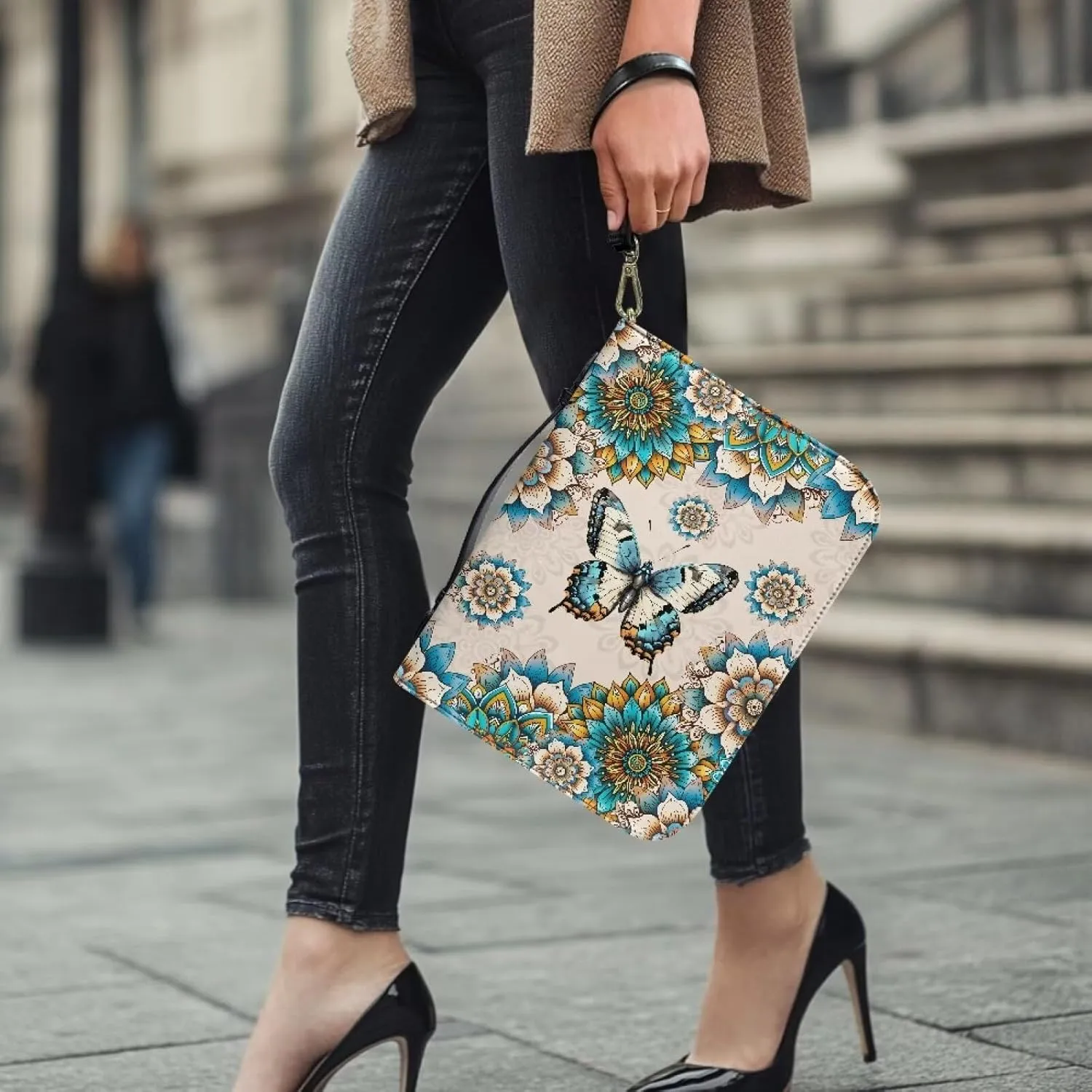 Boho Mandala Butterfly Print PU Leather Bible Cover Case Lightweight Bible Carrying Tote Bags for Women Men Church Bag with Detachable Wristlet Strap Christian Art Gifts for Church, 2XL