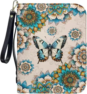 Boho Mandala Butterfly Print PU Leather Bible Cover Case Lightweight Bible Carrying Tote Bags for Women Men Church Bag with Detachable Wristlet Strap Christian Art Gifts for Church, 2XL