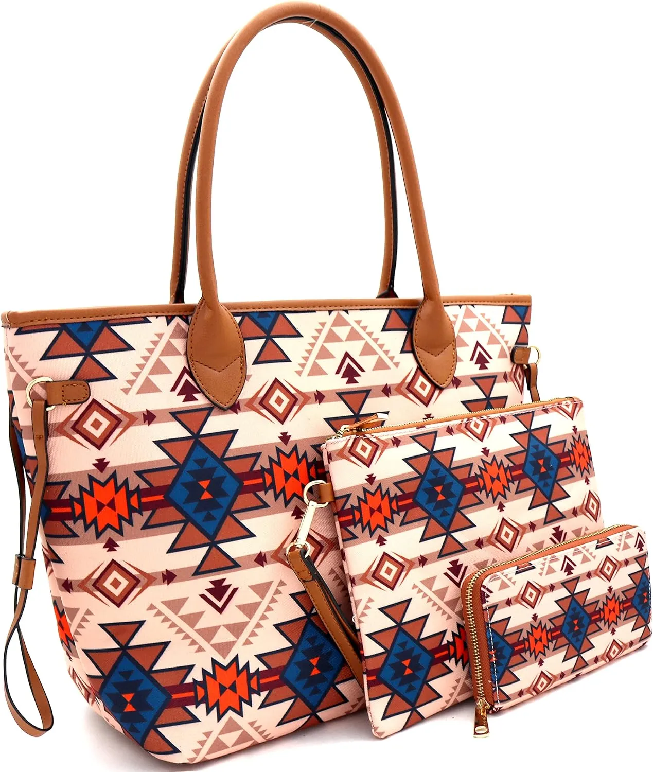 Boho Tassel Leaf Charm Aztec & Stripe Print Canvas Satchel Tote Handbag Purse