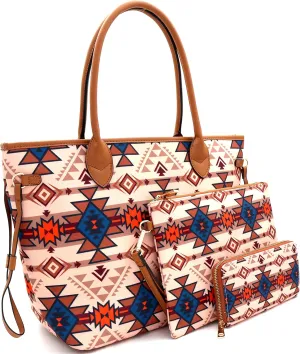 Boho Tassel Leaf Charm Aztec & Stripe Print Canvas Satchel Tote Handbag Purse