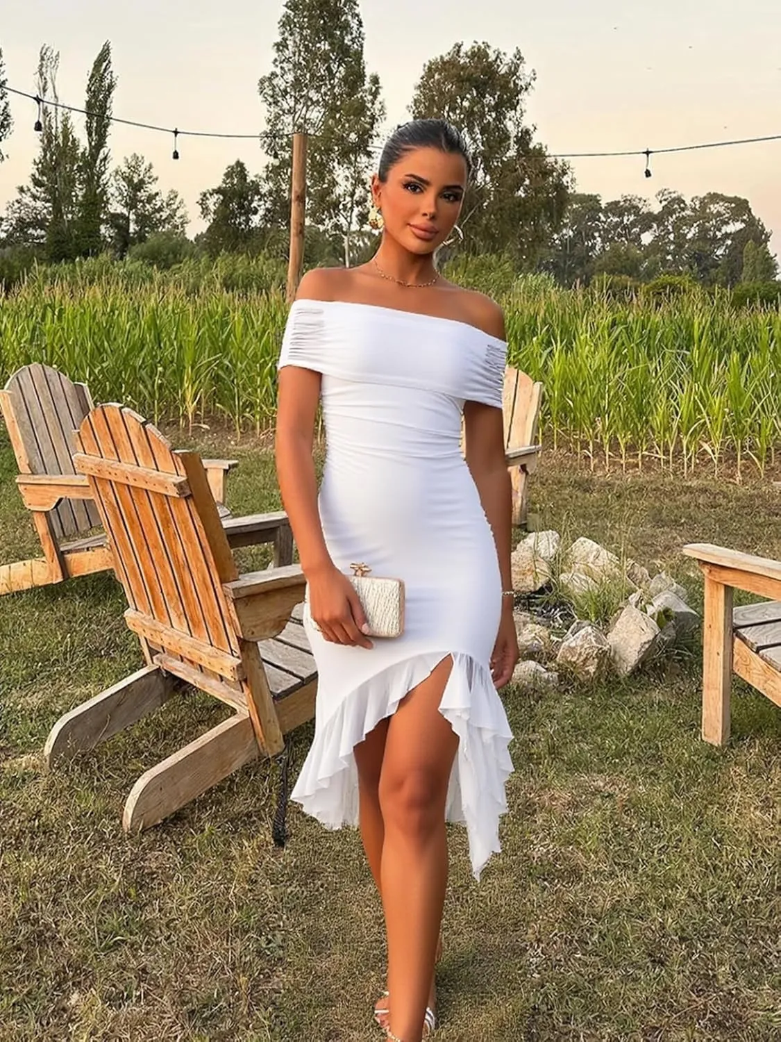 BORIFLORS Women's Sexy Off The Shoulder Bodycon Midi Dresses Elegant Ruched Ruffle Hem Cocktail Party Dress