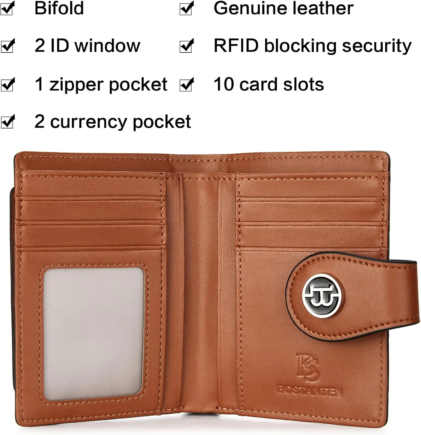 BOSTANTEN Women Leather Wallet RFID Blocking Small Bifold Zipper Pocket Wallet Card Case Purse with ID Window