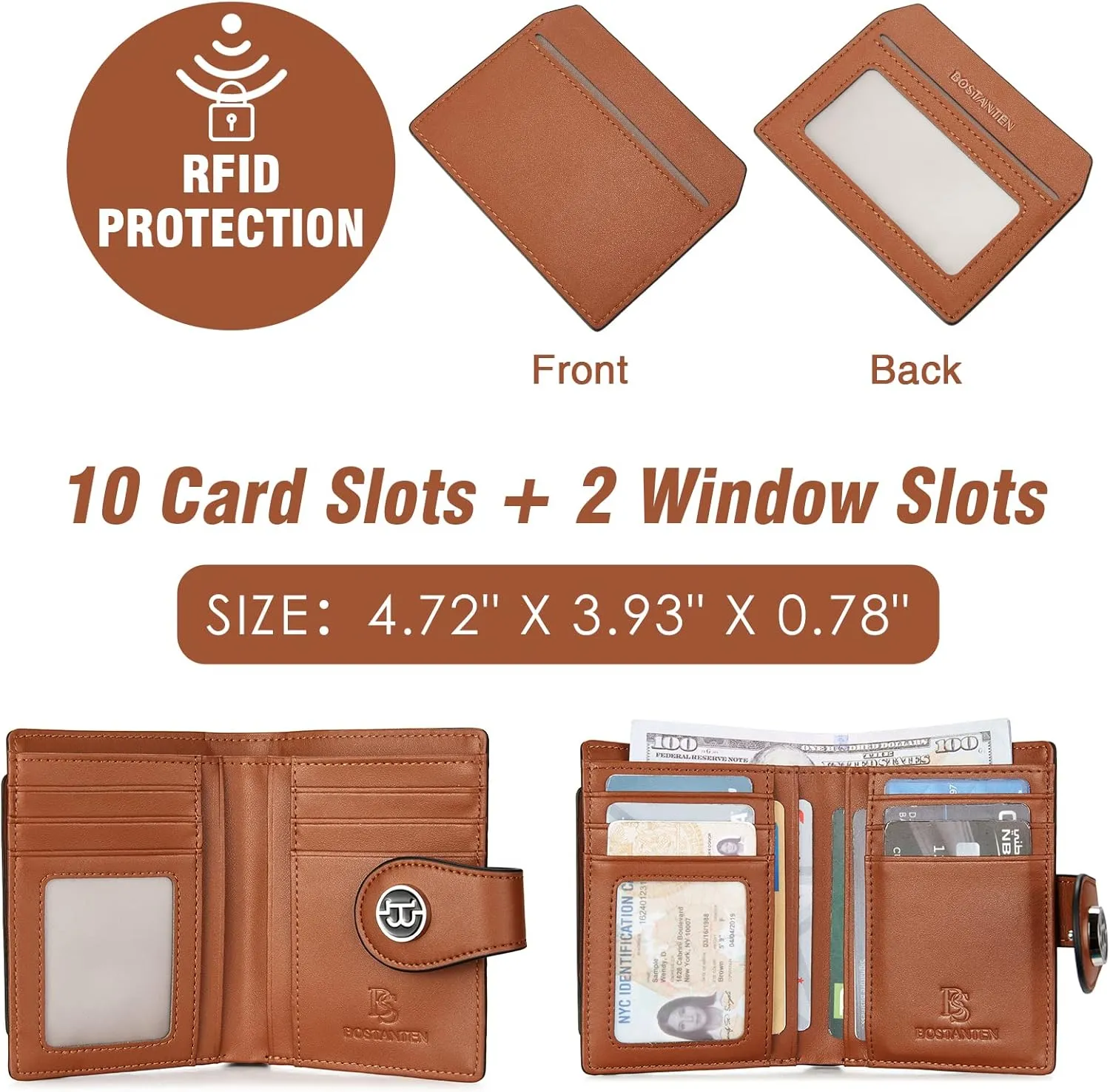 BOSTANTEN Women Leather Wallet RFID Blocking Small Bifold Zipper Pocket Wallet Card Case Purse with ID Window