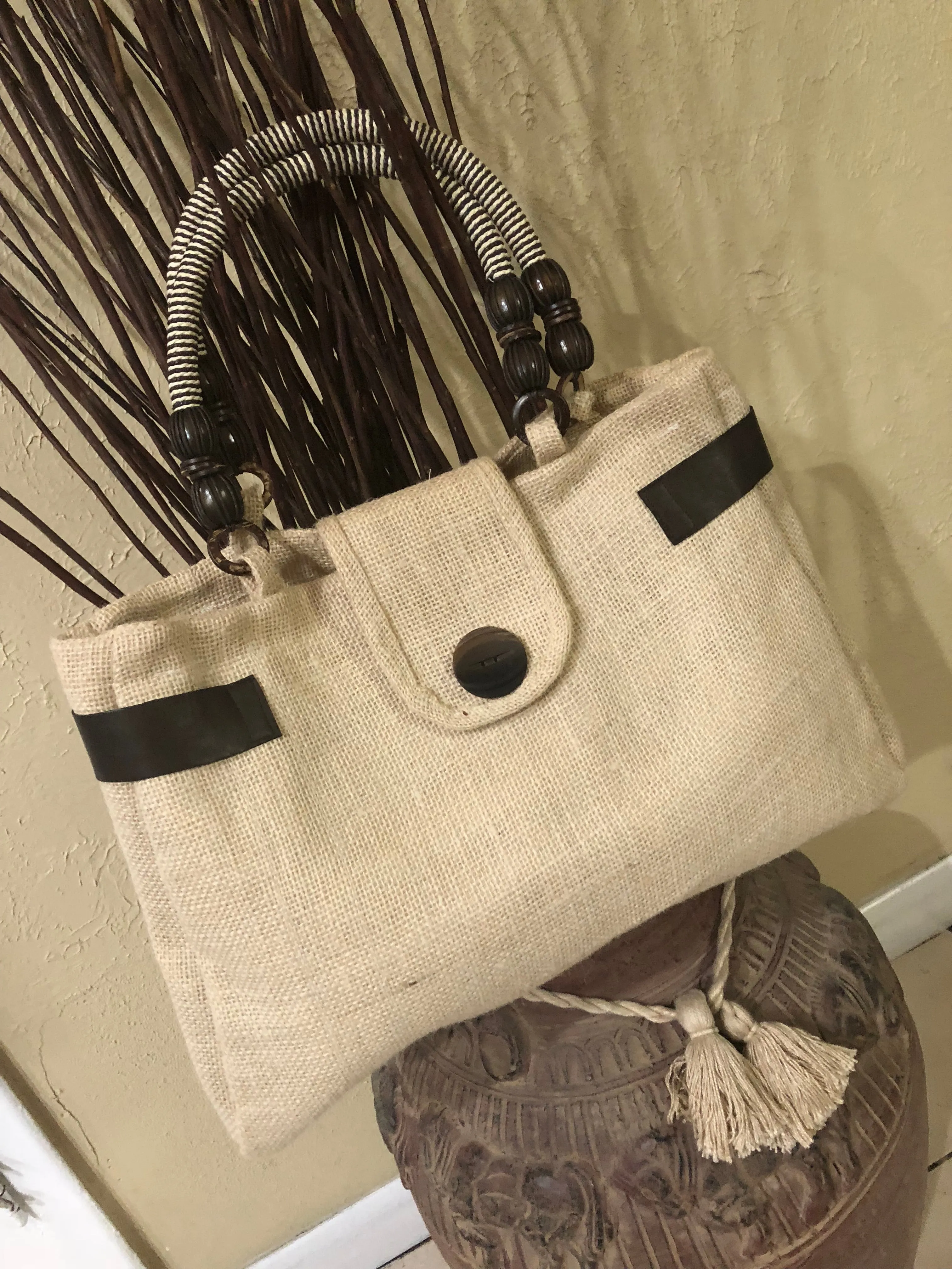 Burlap Handbag with Genuine Leather Trim