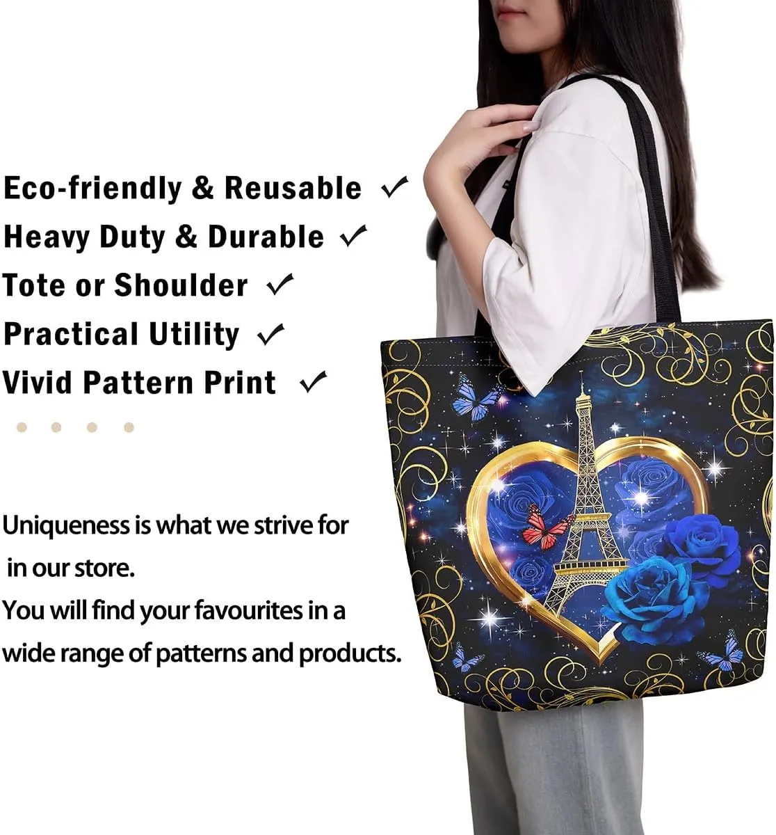 Butterfly Canvas Tote Bag for Women,Dreamy Butterflies Reusable Cloth Cotton Bags Watercolor Beetles Shoulder Bag
