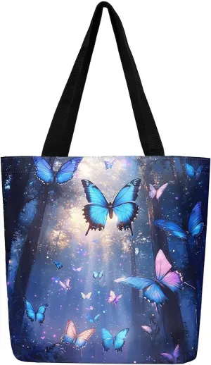 Butterfly Canvas Tote Bag for Women,Dreamy Butterflies Reusable Cloth Cotton Bags Watercolor Beetles Shoulder Bag