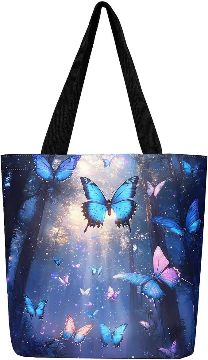 Butterfly Canvas Tote Bag for Women,Dreamy Butterflies Reusable Cloth Cotton Bags Watercolor Beetles Shoulder Bag