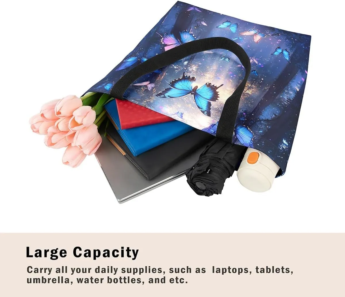 Butterfly Canvas Tote Bag for Women,Dreamy Butterflies Reusable Cloth Cotton Bags Watercolor Beetles Shoulder Bag