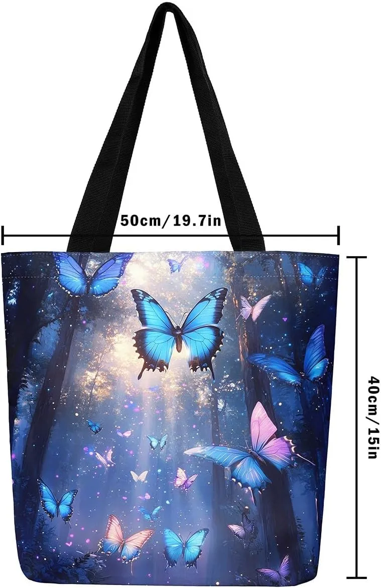 Butterfly Canvas Tote Bag for Women,Dreamy Butterflies Reusable Cloth Cotton Bags Watercolor Beetles Shoulder Bag