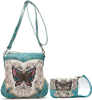 Butterfly Flower Springtime Purse Women Clutch Western CCW Rhinestone Crossbody Handbags With Mini Wallet