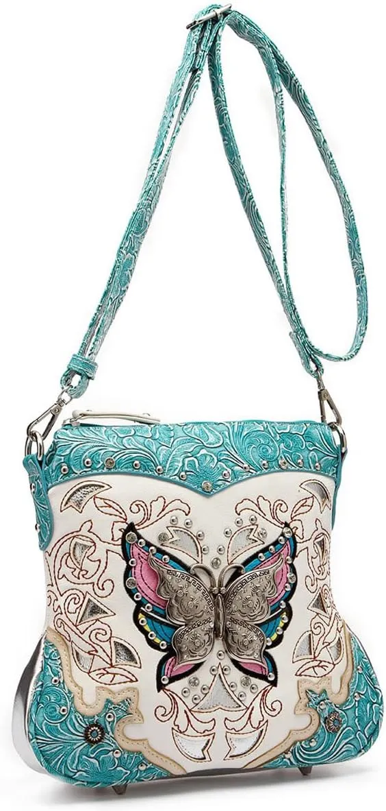 Butterfly Flower Springtime Purse Women Clutch Western CCW Rhinestone Crossbody Handbags With Mini Wallet