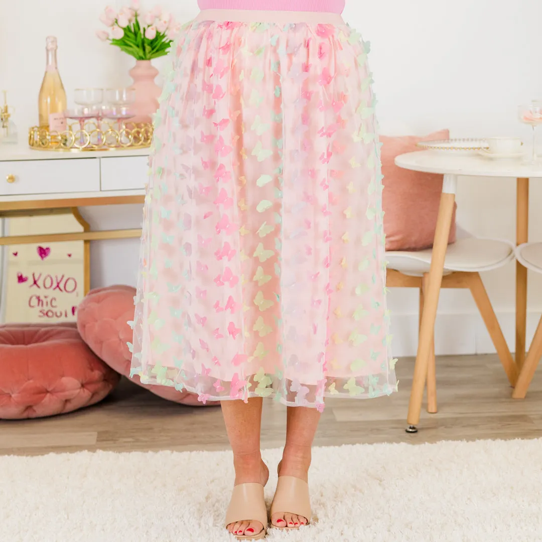 Butterfly Magic Midi Skirt, Pink