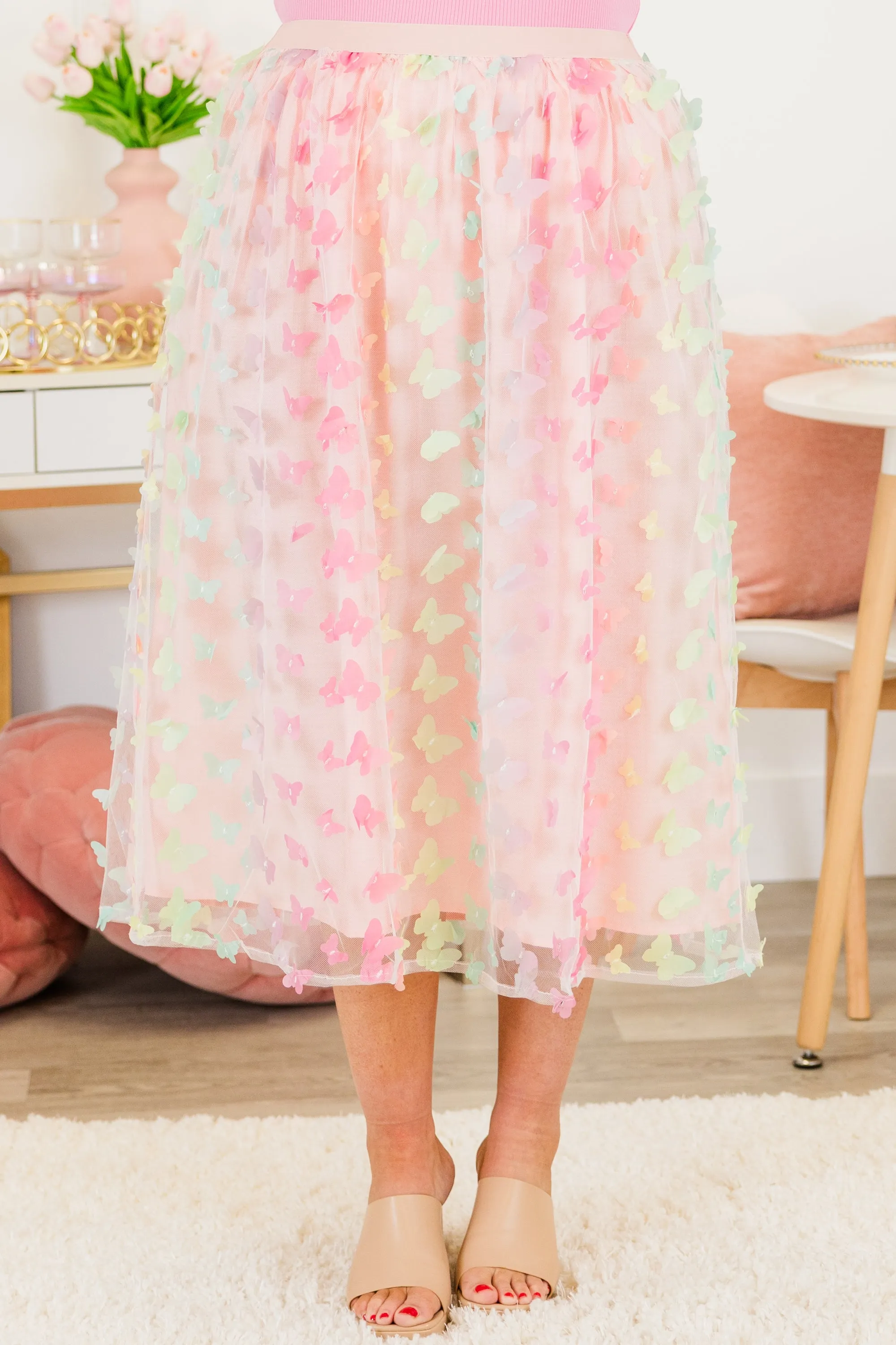Butterfly Magic Midi Skirt, Pink