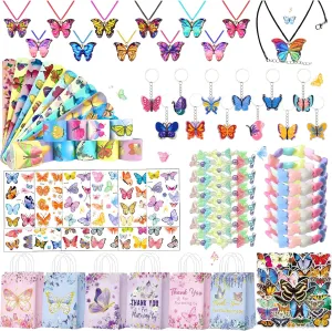 Butterfly Party Favors 122Pcs Butterfly Themed Birthday Supplies Set Fairy Party Favors Decorations Keychains Bracelets Goodie Bags Tattoo Stickers Gifts for Pinata Filler