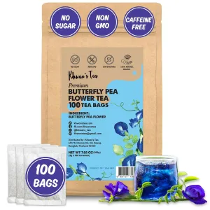 Butterfly Pea Flower Tea Bags 2gx100 counts, Organic Blue Butterfly Pea Flower Powder Ground, Caffeine Free Tea, Non-GMO, Vegan, No Preservatives, Sugar Free - Sourced from Thailand (7oz)