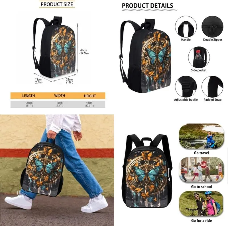 Butterfly Retro Clock 3Pcs/Sets School Bag for Teen Girls Boys Colorful Butterfly Hand Drawing Large Book Bags with Lunch Box Pencil Case School Shoulder Backpack