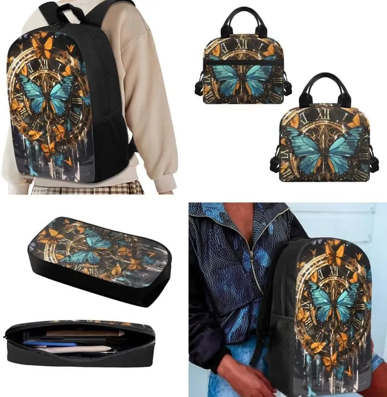 Butterfly Retro Clock 3Pcs/Sets School Bag for Teen Girls Boys Colorful Butterfly Hand Drawing Large Book Bags with Lunch Box Pencil Case School Shoulder Backpack