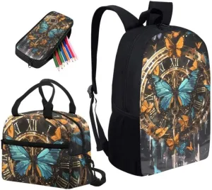 Butterfly Retro Clock 3Pcs/Sets School Bag for Teen Girls Boys Colorful Butterfly Hand Drawing Large Book Bags with Lunch Box Pencil Case School Shoulder Backpack