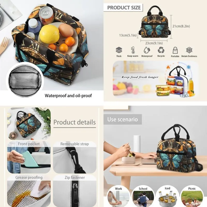 Butterfly Retro Clock 3Pcs/Sets School Bag for Teen Girls Boys Colorful Butterfly Hand Drawing Large Book Bags with Lunch Box Pencil Case School Shoulder Backpack