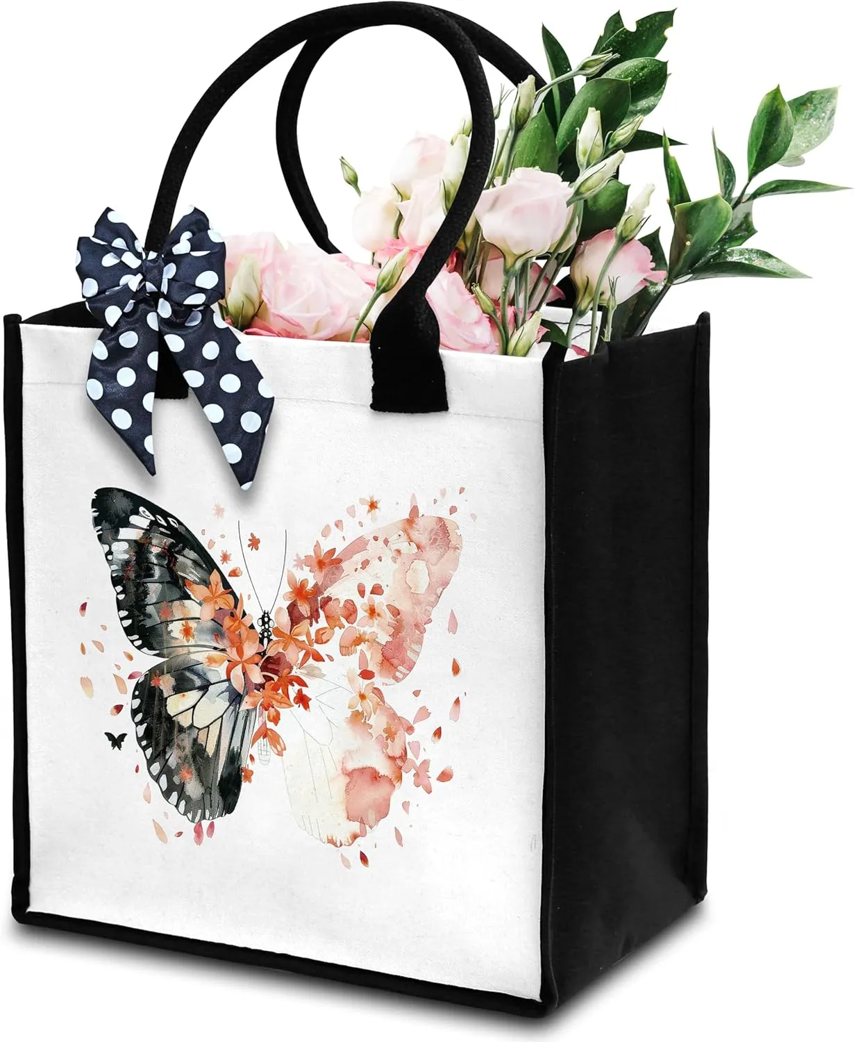Butterfly Tote Bag For Women, Aesthetic Tote Bag, Cute Reusable Canvas Tote Bag For Traveling Shopping, Butterfly Gift Bag With Ribbon, Floral Beach Tote Bag Gifts For Women Friends Coworker -23